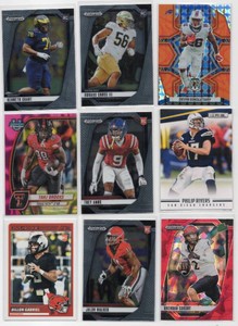 Lot of 9 Assorted Football Cards including 2024 Bowman Chrome Pink Tahj Brooks #193, Panini Prizm Draft Picks Brenden Sorsby Rated Prospect Red Ice Prizm #152, and More