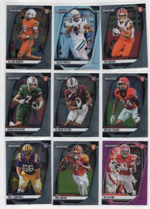 Lot of 9 Assorted Football Cards including 2025 Panini Prizm Draft Picks Tai Felton Purple Wave Prizm RC #36, 2025 Panini Prizm Draft Picks Pat Bryant RC #35, and More