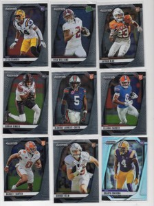 Lot of 9 Assorted Football Cards including 2025 Panini Prizm Draft Picks Ryan Williams Rated Prospect #151, 2025 Panini Prizm Draft Picks Gunnar Helm RC #128, and More