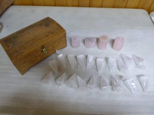 Wooden Trinket Box with Rose Quartz and Selenite Pyramids