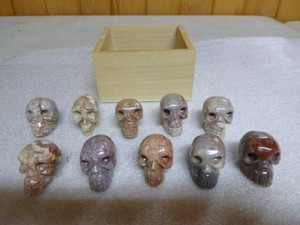Wooden Box with 10 Jasper Skulls