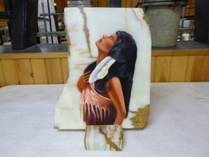 Native American Woman Painting on Onyx with Onyx Stand
