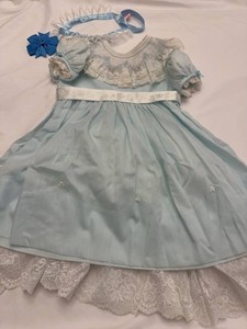 Girls Blue Smocked Party Dress Set Petticoat Headband Bow Lace Trim