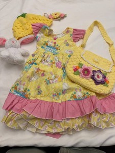 Girls Easter Bunny Dress Set w Crochet Purse Hat Headband Plush