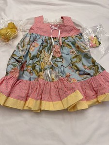 Handmade Toddler Dress Set Floral Bird Print Pink Yellow Easter Outfit