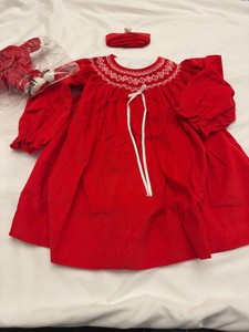 Vintage Girls Red Smocked Corduroy Dress Tights Plush Holiday Set