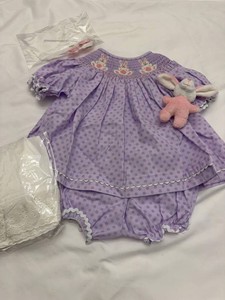 Hand Smocked Easter Bunny Dress Set Lavender Polka Dot Girls