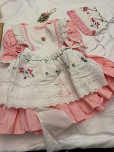 Girls Pink Party Dress Set w Embroidered Apron Bonnet Floral Clip