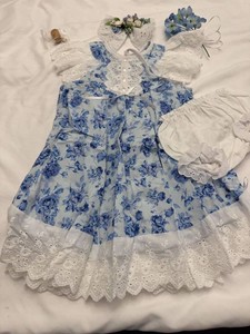 Handmade Blue Floral Doll Dress Outfit Set w Bloomers & Accessories