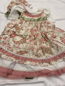 Girls Floral Paisley Party Dress & Bonnet Set Pink Lace Sage Ribbon