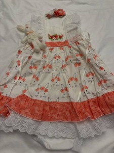 Girls Bunny Print Dress Set Bloomers Headband Plush Toy White Coral