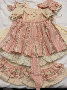 Handmade Girls Floral Dress Set Bonnet Bloomers Petticoat Pink Cream
