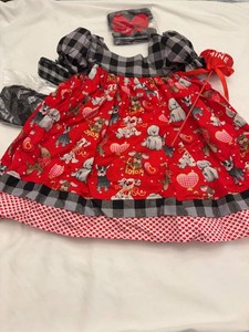 Girls Valentine Puppy Print Dress Set Buffalo Plaid Heart Bow Outfit