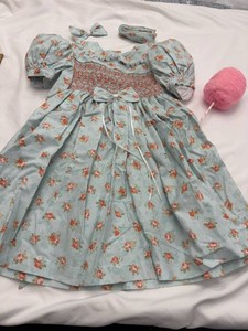 Girls Hand-Smocked Floral Dress Set w Sash & Hair Bow Blue Pink