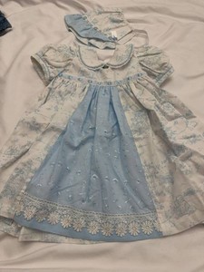 Vintage Baby Blue Toile Dress & Matching Bonnet 2-Piece Set