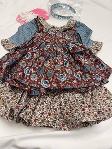 Girls Floral Patchwork Dress Matching Headband Hair Bow Boutique Set