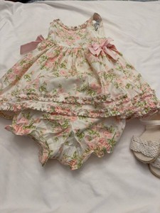 Polly & Friends Baby Floral Dress Bloomer Set w White Lace Sandals