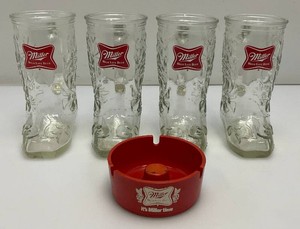 Set Of Four Vintage Collectible Miller High Life Glass Boot Beer Mugs And Ashtray