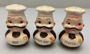 Vintage Collectible Happy Chef Salt, Pepper & Garlic Salt Shaker Set 3