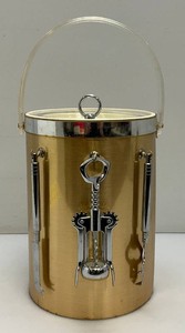 Mid Century Modern Gold Foil Ice Bucket With Bar Utensils 11