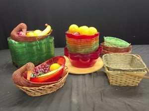 WICKER BASKETS AND TONS OF PLASTIC COLORFUL CONTAINERS