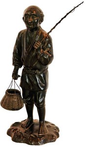 O - Vintage Japanese Dark Bronze-Tone Fisherman Okimono Sculpture - 9 H