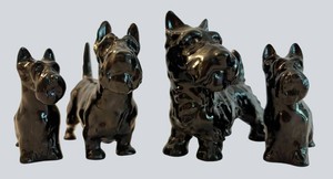 LR - Scottish Terrier Figurines - Glossy Black Ceramic Set (Lot of 4)