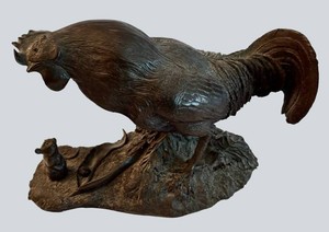 LR - Rooster and Mouse Sculpture - Patinated Bronze Figural Piece