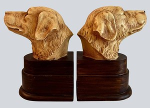 LR - Dog Bookends - Vintage Retriever Bust Pair on Wooden Bases