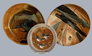 LR - Handcrafted Studio Pottery Plates - Fish Motif & Abstract Glaze (Lot of 3)