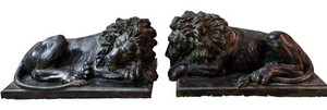 LR - Lion Figurines - Pair of Resting Male Lions on Bases