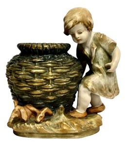 SR - Antique Imperial Amphora Turn-Teplitz Austria Glazed Pottery Figural Planter Boy & Basket, c. 1900