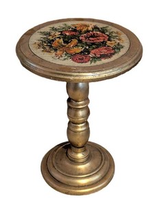 MB - Vintage Painted Plant Stand - Floral Pedestal Table