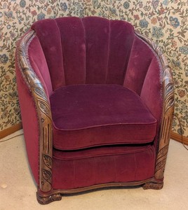 MB - Vintage Art Deco Maroon Velvet Channel-Back Armchair with Carved Wood Trim