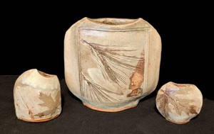 MB - Set of Three Artisan Crafted Pottery Vases - Incised Leaf Motif