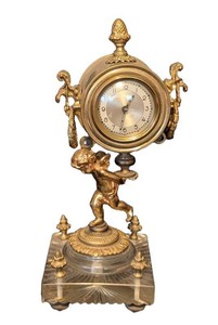 MB - Antique French-Style Gilt Cherub Figural Mantel Clock with Crystal Base