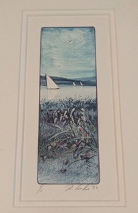 MB - Watercolor Painting - Signed Framed Coastal Sailboat Scene