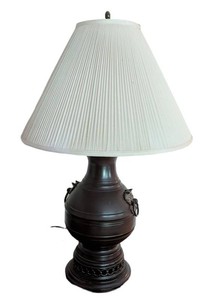 LR - Bronze Table Lamp - Ornate Relief Base With Pleated Shade
