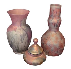 LR - Vintage Rueven Hand-Painted Satin Art Glass Vases & Lidded Jar - 3 Piece Set