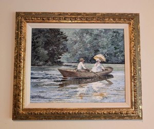 B1 - Oil Painting - Signed Rowboat Scene in Ornate Gilt Frame