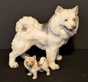 LR - Porcelain Dog Figurines - Pair including a Vintage Dahl Jensen Greenland Sled Dog No. 1082