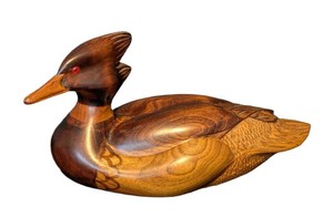 LR - Vintage Marv Meyer Signed Hand-Carved Wooden Red Breasted Merganser Duck Decoy Sculpture