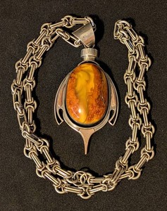 Amber Pendant Necklace - Sterling Silver Style