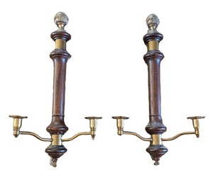 LR - Vintage Wall Sconces - Carved Wood & Brass Pair (Lot of 2)