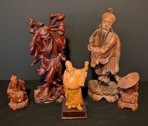Asian Figurine Mixed Lot - Carved Wood & Resin (Lot of 5)