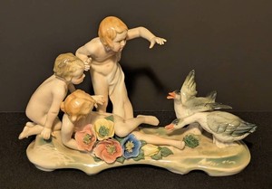 LR - Vintage Karl Ens Germany Porcelain Figurine Group - Three Children with Geese & Flowers