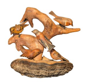 LR - Vintage Hand-Carved Wood Songbirds Sculpture on Natural Root Base - Rustic Folk Art Wall Hanging