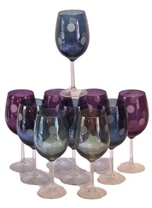 SR - Polka Dot Stemware Wine Glasses - Purple, Blue & Green (Lot of 10)