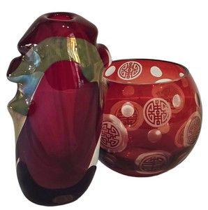 SR - Glass Vases - Murano Style Ruby & Sage, Ruby & Clear (Lot of 2)