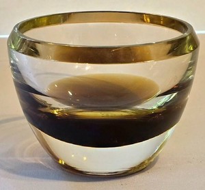 SR - Art Glass Bowl - Clear & Brown With Gold Rim